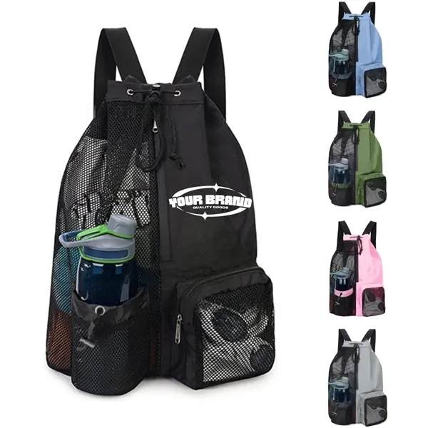 Mesh Drawstring Backpack With Pocket For Gym And Beach - Mesh Drawstring Backpack With Pocket For Gym And Beach - Image 0 of 6