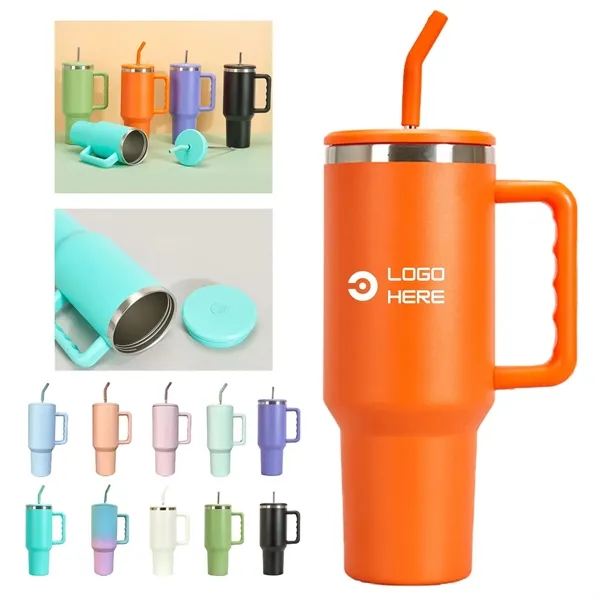 40Oz Stainless Steel Handle Straw Thermos Travel Mug - 40Oz Stainless Steel Handle Straw Thermos Travel Mug - Image 0 of 2