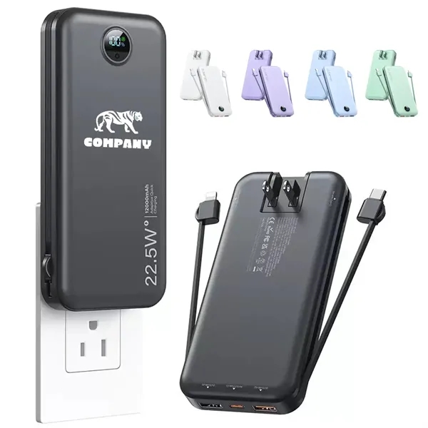 12000mAh Power Bank with Built in Cables&AC Wall Plug - 12000mAh Power Bank with Built in Cables&AC Wall Plug - Image 0 of 3