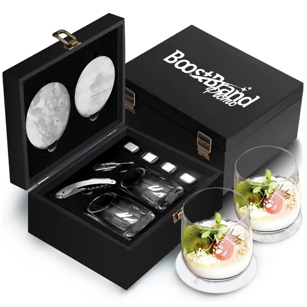 Whiskey Chilling Stone Gift Set w/ Glasses & Marble Coasters - Whiskey Chilling Stone Gift Set w/ Glasses & Marble Coasters - Image 0 of 4