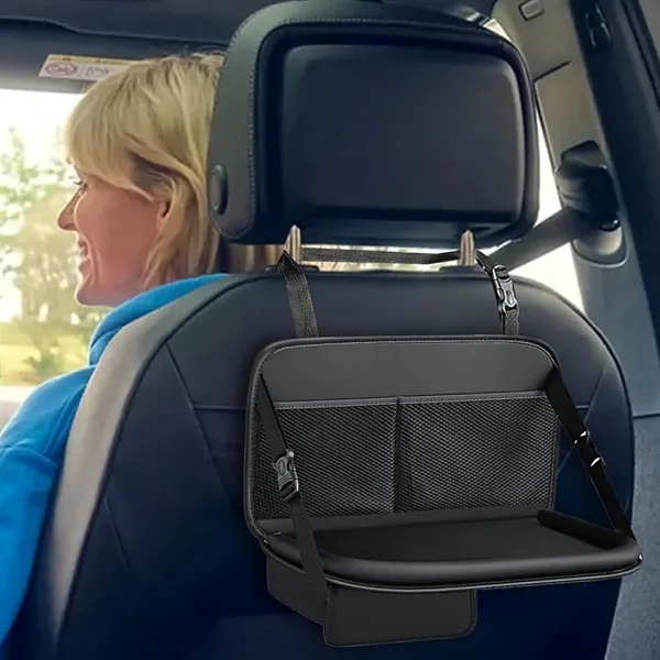 Foldable PU Leather Seat Back Organizer with Tray - Foldable PU Leather Seat Back Organizer with Tray - Image 2 of 3