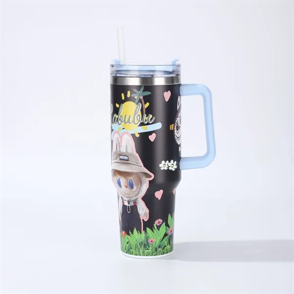 40oz Labubu Pattern Tumbler with Handle and Plastic Straw - 40oz Labubu Pattern Tumbler with Handle and Plastic Straw - Image 1 of 12