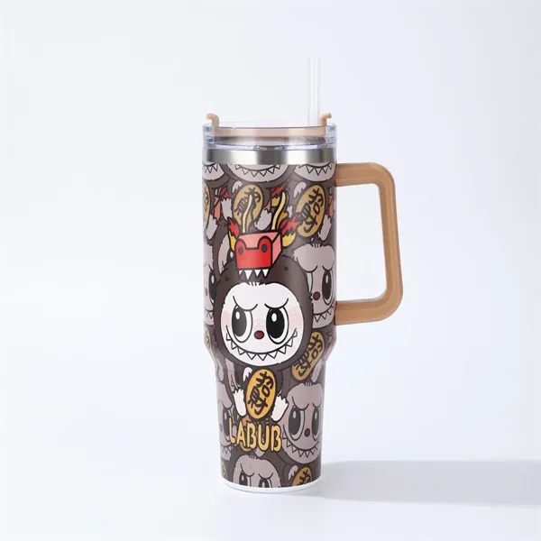 40oz Labubu Pattern Tumbler with Handle and Plastic Straw - 40oz Labubu Pattern Tumbler with Handle and Plastic Straw - Image 3 of 12