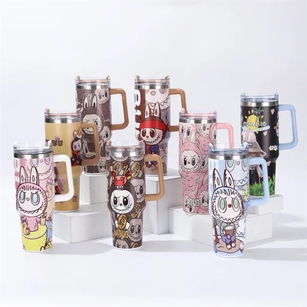 40oz Labubu Pattern Tumbler with Handle and Plastic Straw - 40oz Labubu Pattern Tumbler with Handle and Plastic Straw - Image 0 of 12