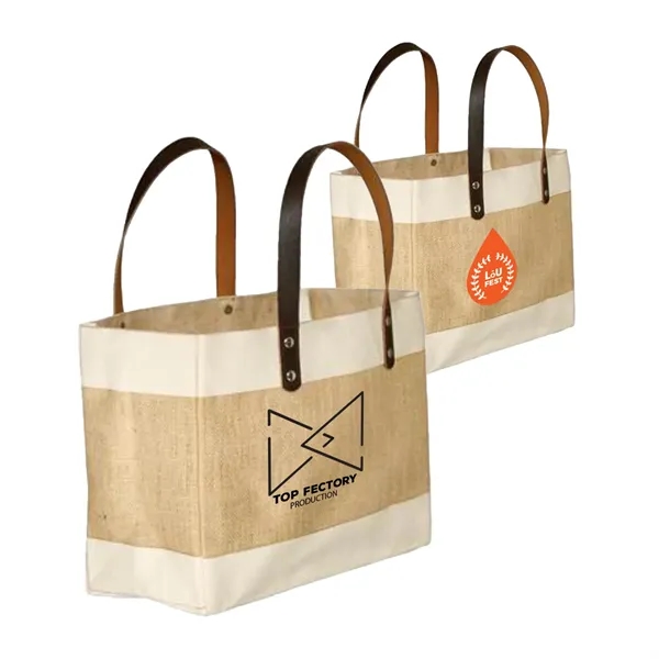 Stylish Laminated Jute & Cotton Tote with Leather Handles - Stylish Laminated Jute & Cotton Tote with Leather Handles - Image 0 of 3