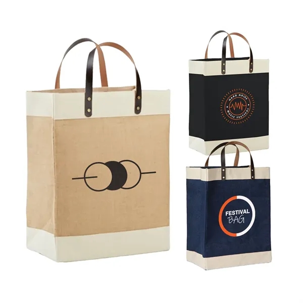 Laminated Jute Tote Bag with Cotton Accents and Leather Hand - Laminated Jute Tote Bag with Cotton Accents and Leather Hand - Image 0 of 3