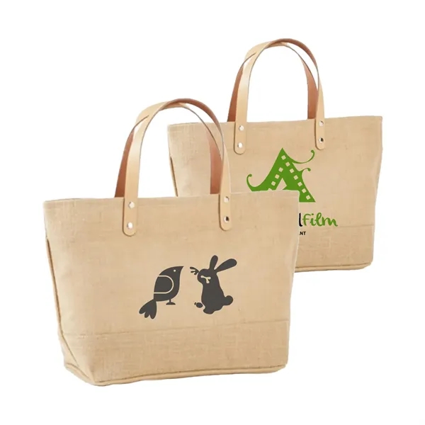 Compact Jute Tote with Leather Handles & Secure Closure - Compact Jute Tote with Leather Handles & Secure Closure - Image 0 of 3