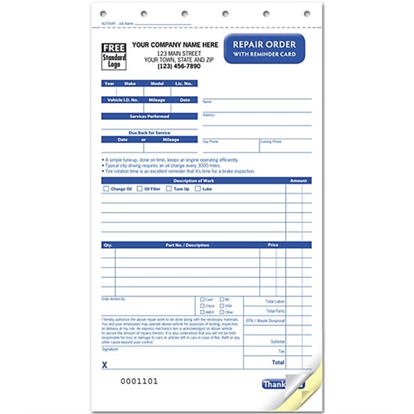 Repair Order with Reminder Card, Carbonless - Repair Order with Reminder Card, Carbonless - Image 0 of 1