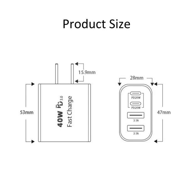 40W 4-Port USB C Fast Charger Block - 40W 4-Port USB C Fast Charger Block - Image 4 of 4