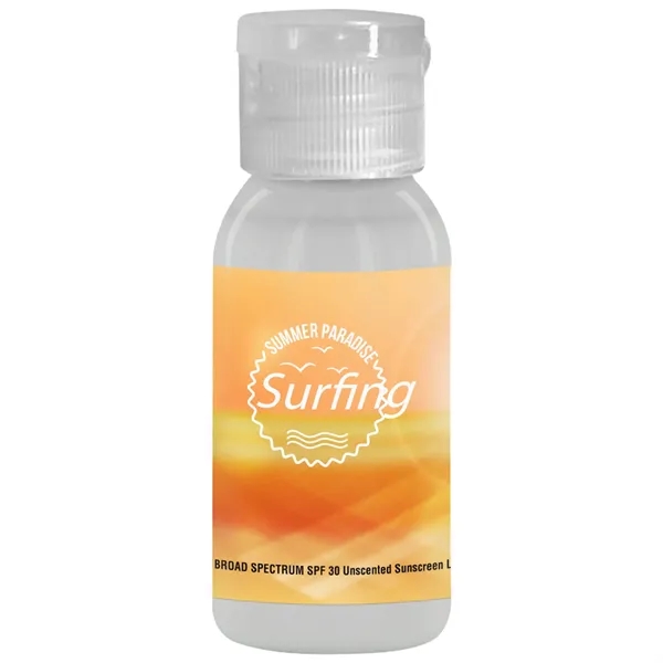 1oz. SPF Sunscreen in a transparent round bottle.