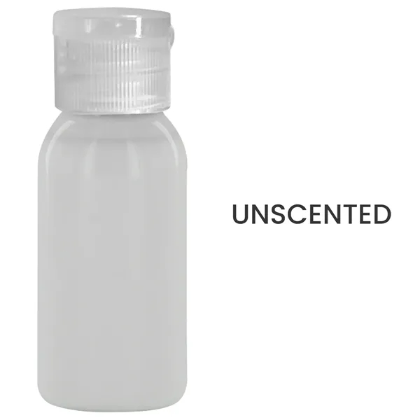 1oz. SPF Sunscreen in a transparent round bottle.