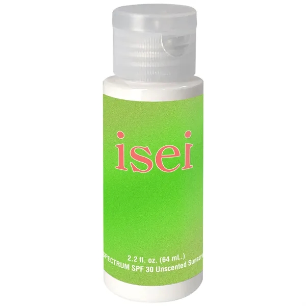 2 oz.of SPF Sunscreen in a transparent cylinder bottle.