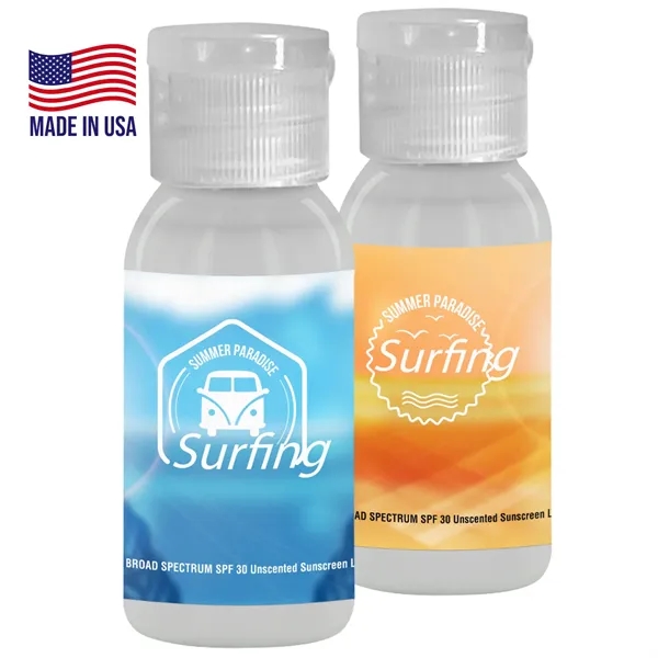 1oz. SPF Sunscreen in a transparent round bottle.