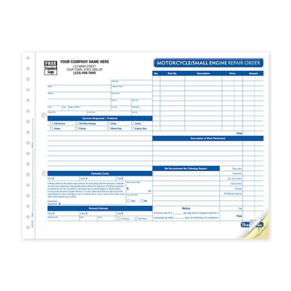 Motorcycle/Small Engine Repair Order, Carbonless - Motorcycle/Small Engine Repair Order, Carbonless - Image 0 of 1