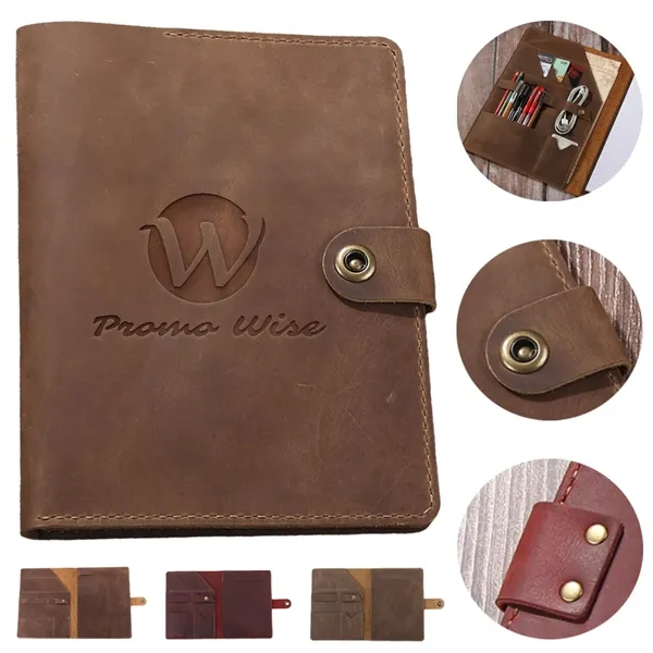 A5 Multi-Compartment Crazy Horse Leather Snap Notebook Cover - A5 Multi-Compartment Crazy Horse Leather Snap Notebook Cover - Image 0 of 7