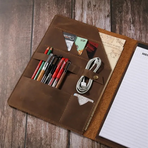 A5 Multi-Compartment Crazy Horse Leather Snap Notebook Cover - A5 Multi-Compartment Crazy Horse Leather Snap Notebook Cover - Image 2 of 7