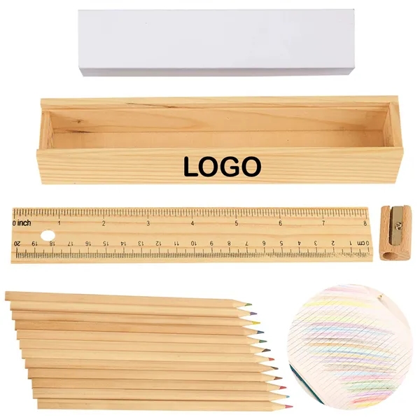 12- Piece Colored Pencil Set In Wooden Ruler Box - 12- Piece Colored Pencil Set In Wooden Ruler Box - Image 0 of 3