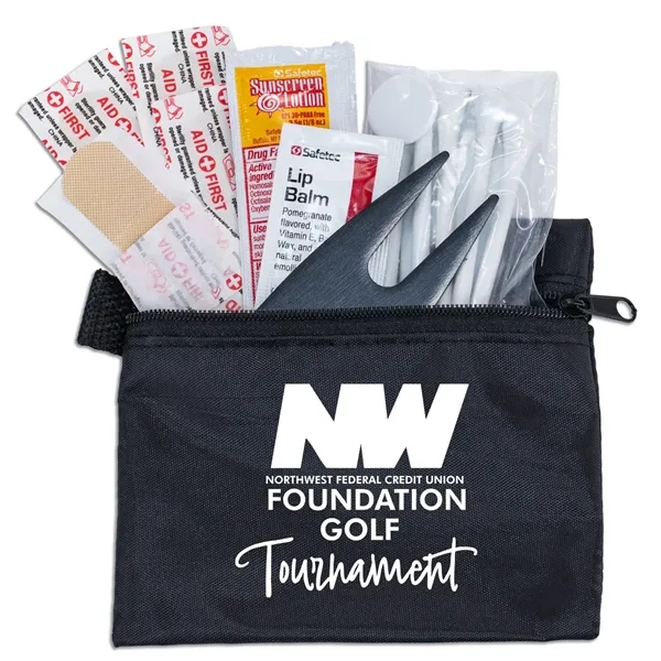 Custom 15 Piece Golf Kit Components inserted into Zipper Pack