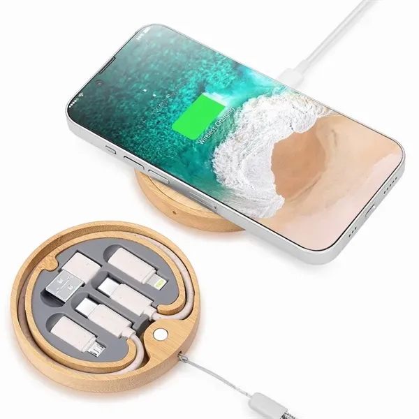 Round Bamboo Multi-Charging cable set Wireless Charger - Round Bamboo Multi-Charging cable set Wireless Charger - Image 0 of 1