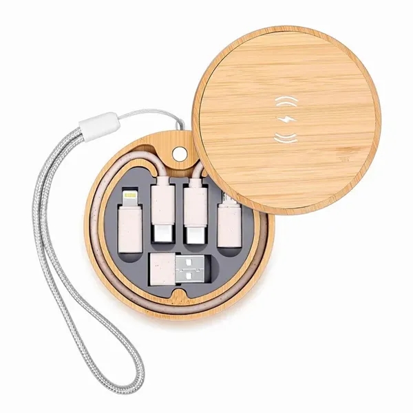 Round Bamboo Multi-Charging cable set Wireless Charger - Round Bamboo Multi-Charging cable set Wireless Charger - Image 1 of 1