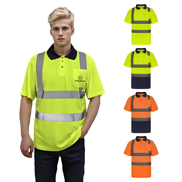 Hi Viz Reflective Short Sleeved Polo Shirt w/Pocket - Hi Viz Reflective Short Sleeved Polo Shirt w/Pocket - Image 0 of 8
