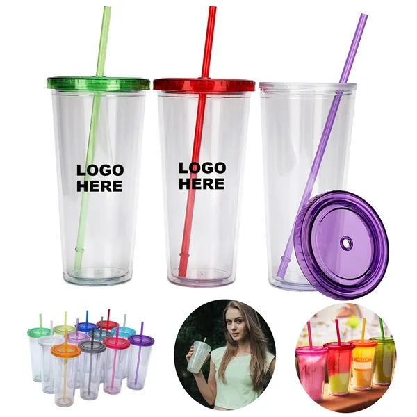 Promotional Drinkware 24 oz Clear Plastic Tumbler with Straw - Promotional Drinkware 24 oz Clear Plastic Tumbler with Straw - Image 0 of 11