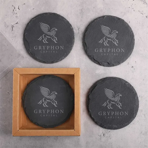 Round Slate 4 Pc. Coaster Set In Box