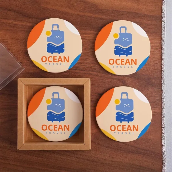 Custom Round Ceramic 4 Pc. Coaster Set In Box