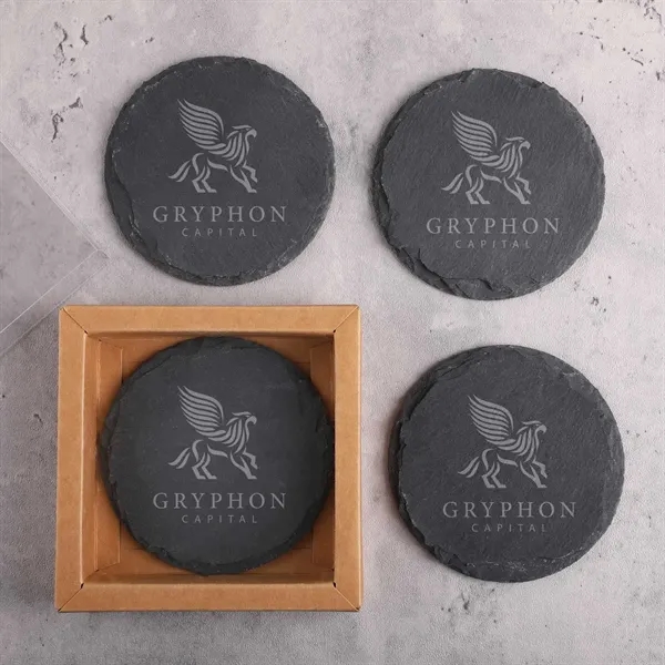 Custom Round Slate 4 Pc. Coaster Set In Box