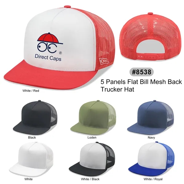 5 Panels Flat Bill Mesh Back Trucker Cap - 5 Panels Flat Bill Mesh Back Trucker Cap - Image 0 of 8