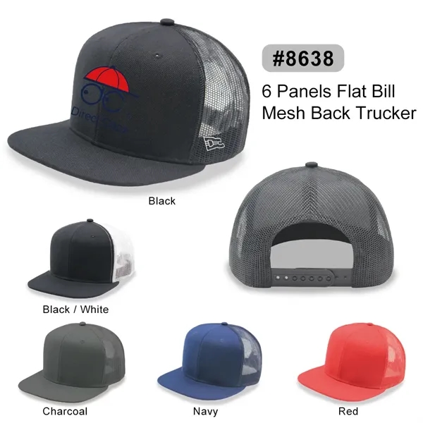 6 Panel Snapback Poly Twill Trucker Cap with Flat Bill - 6 Panel Snapback Poly Twill Trucker Cap with Flat Bill - Image 0 of 6