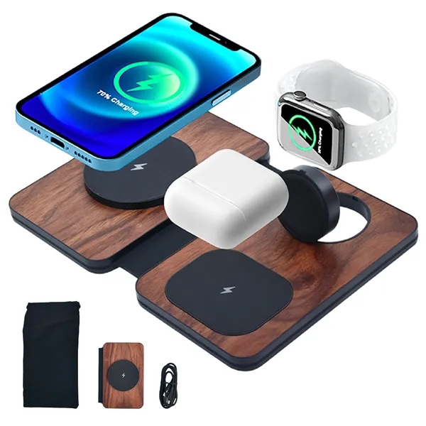 3 in 1 Fast Wireless Charging Station with Wood Design - 3 in 1 Fast Wireless Charging Station with Wood Design - Image 0 of 4