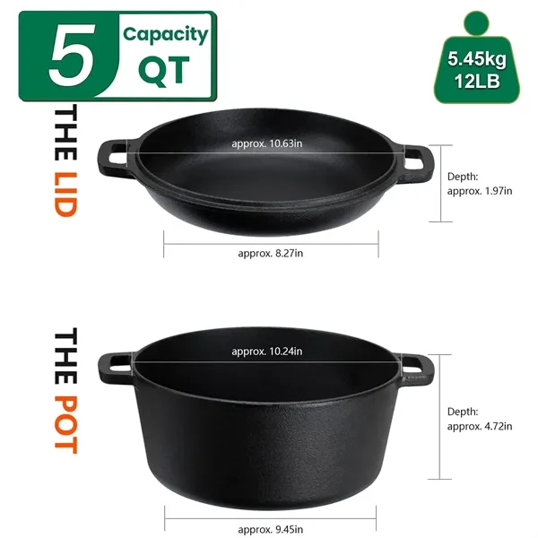 7 QT Cast Iron Dutch Oven Pot with Skillet Lid Cooking Pan - 7 QT Cast Iron Dutch Oven Pot with Skillet Lid Cooking Pan - Image 1 of 1