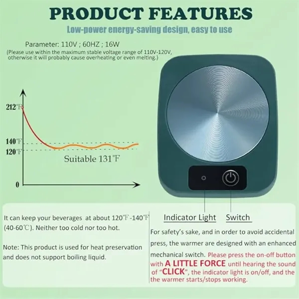 55 Degree Coffee Mug Warmer Coaster with Constant Heat - 55 Degree Coffee Mug Warmer Coaster with Constant Heat - Image 5 of 9