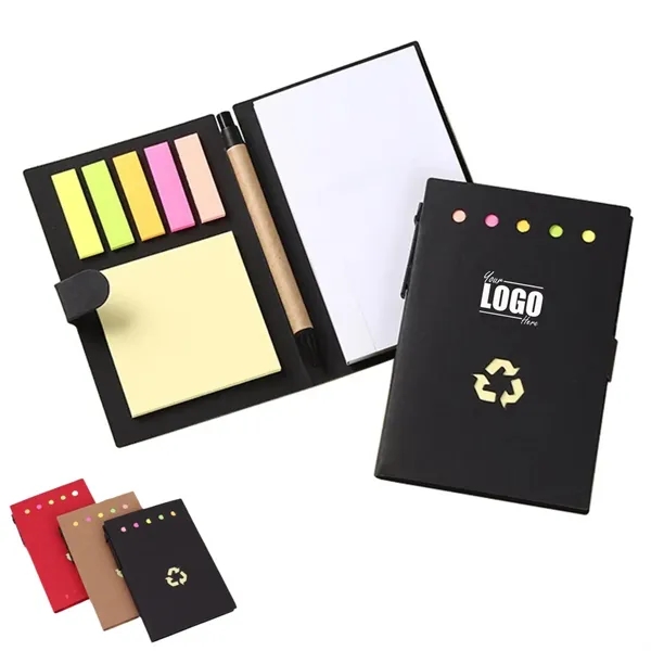 4 x 5.8 inch Recycled Note Pad with Sticky Notes, Tabs & Pen - 4 x 5.8 inch Recycled Note Pad with Sticky Notes, Tabs & Pen - Image 0 of 4