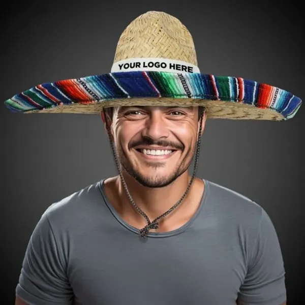 Large Natural Straw Sombrero with Serape Trim - Large Natural Straw Sombrero with Serape Trim - Image 0 of 4