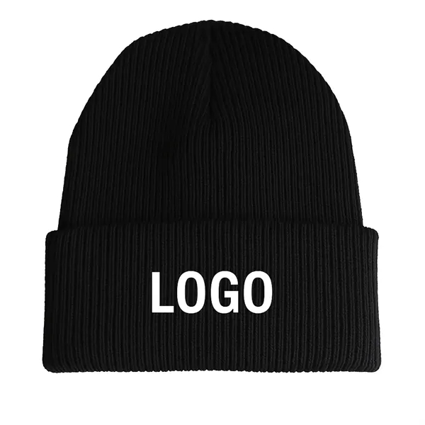 Cuffed Knit Beanie With Faux Leather Patch - Cuffed Knit Beanie With Faux Leather Patch - Image 0 of 4