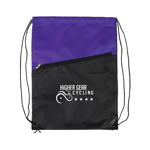 Two-Tone Poly Drawstring Backpack With Zipper - Two-Tone Poly Drawstring Backpack With Zipper - Image 0 of 7