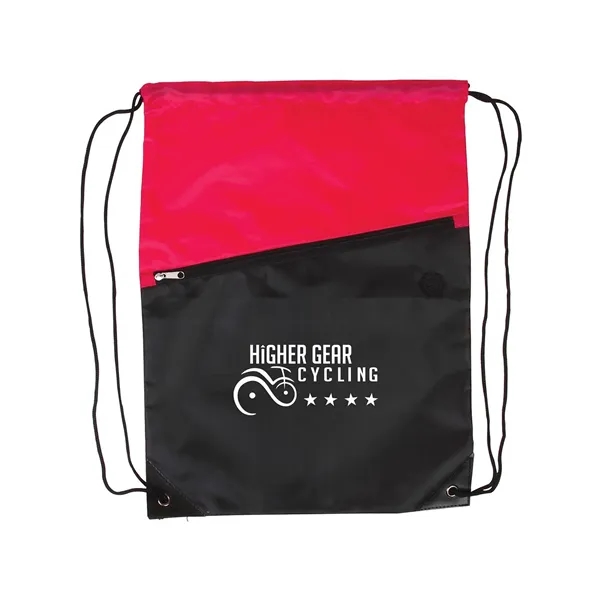 Two-Tone Poly Drawstring Backpack With Zipper - Two-Tone Poly Drawstring Backpack With Zipper - Image 6 of 7