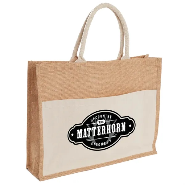 Jute Shopper Tote with Recycled Cotton Pocket - Jute Shopper Tote with Recycled Cotton Pocket - Image 1 of 9