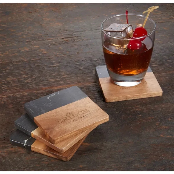 Black Marble and Wood Coaster Set - Black Marble and Wood Coaster Set - Image 5 of 7
