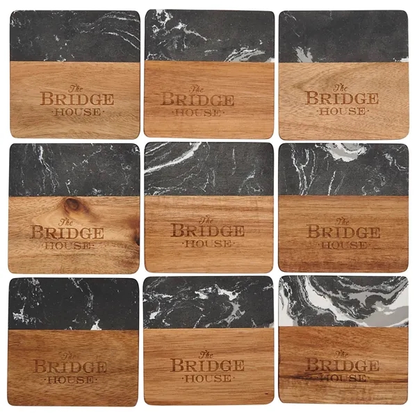 Custom Black Marble and Wood Coaster Set