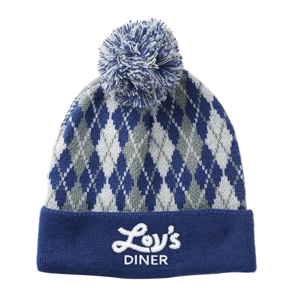 Argyle Pattern Pom Beanie (Embroidered) - Argyle Pattern Pom Beanie (Embroidered) - Image 0 of 2