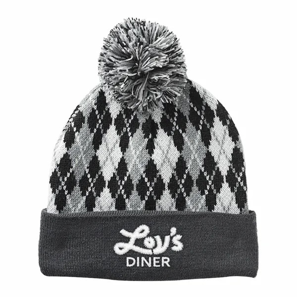 Argyle Pattern Pom Beanie (Embroidered) - Argyle Pattern Pom Beanie (Embroidered) - Image 1 of 2