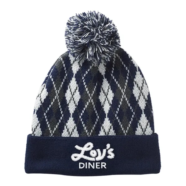 Argyle Pattern Pom Beanie (Embroidered) - Argyle Pattern Pom Beanie (Embroidered) - Image 2 of 2