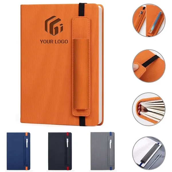 A5 Stripe Leather Business School Notebook with Pen Cover - A5 Stripe Leather Business School Notebook with Pen Cover - Image 0 of 4