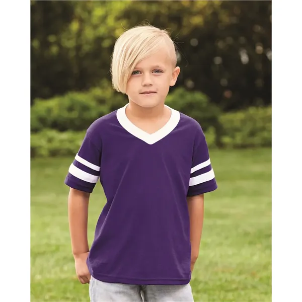 Augusta Sportswear Youth V-Neck Jersey with Striped Sleeves - Augusta Sportswear Youth V-Neck Jersey with Striped Sleeves - Image 0 of 23
