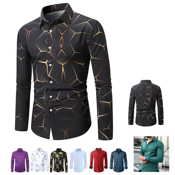 Polyester Printed Long Sleeve Button Down Fit Dress Shirt - Polyester Printed Long Sleeve Button Down Fit Dress Shirt - Image 0 of 6