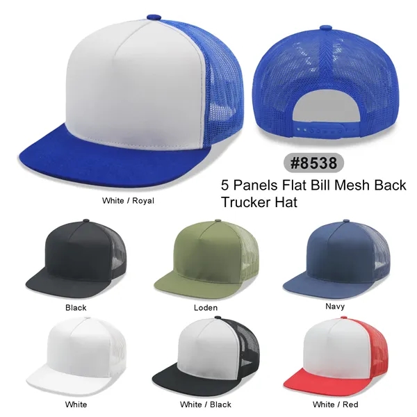 5 Panels Flat Bill Mesh Back Trucker Cap - 5 Panels Flat Bill Mesh Back Trucker Cap - Image 10 of 10