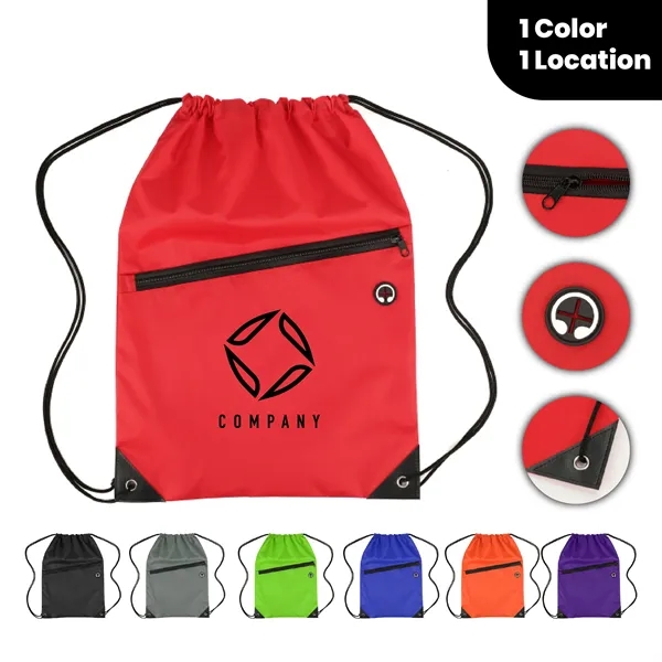 Nylon Drawstring Backpack With Zipper Pocket - Nylon Drawstring Backpack With Zipper Pocket - Image 0 of 1